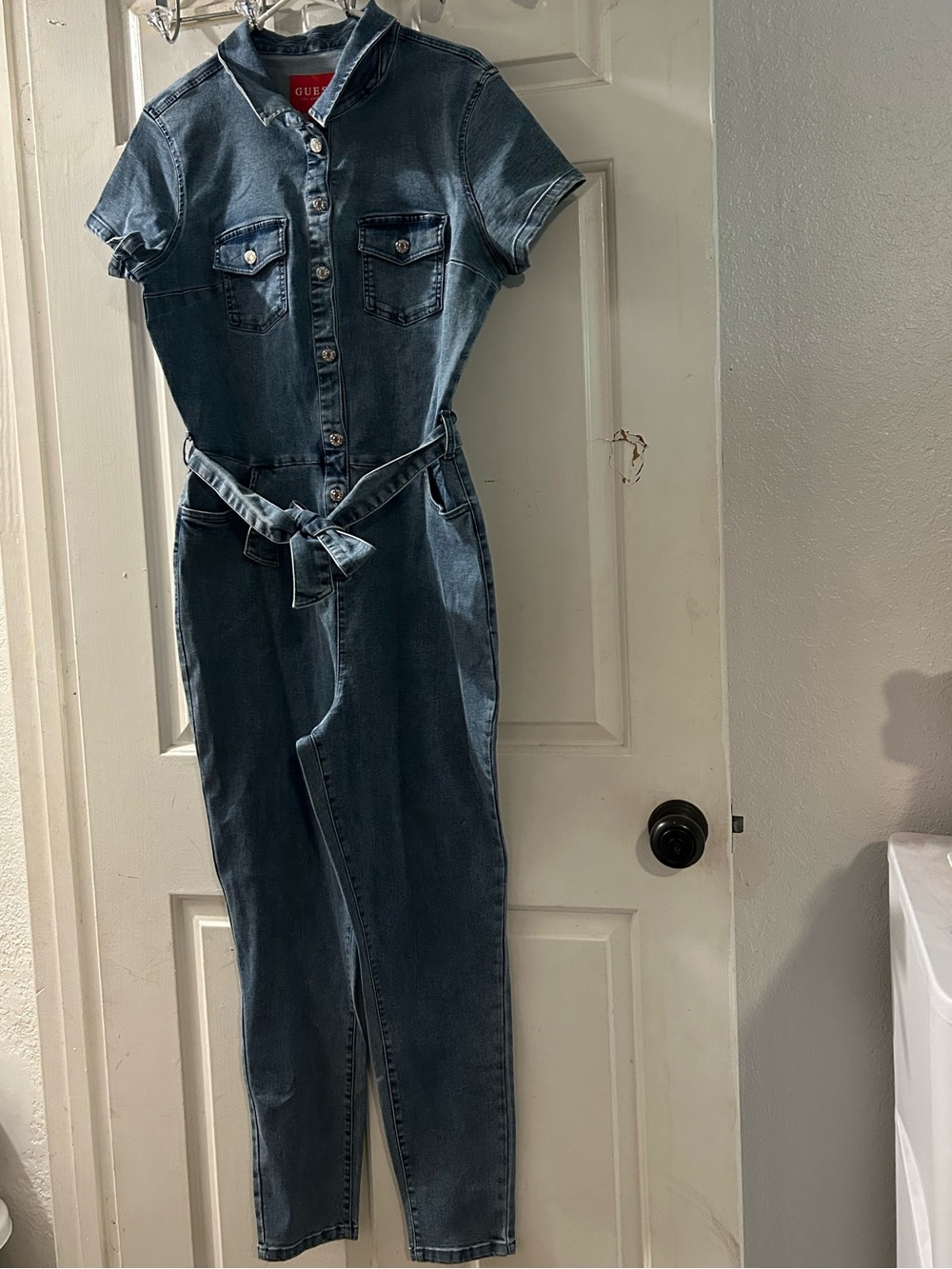 GUESS Men's Blue Denim Jumpsuit with Tie Waist